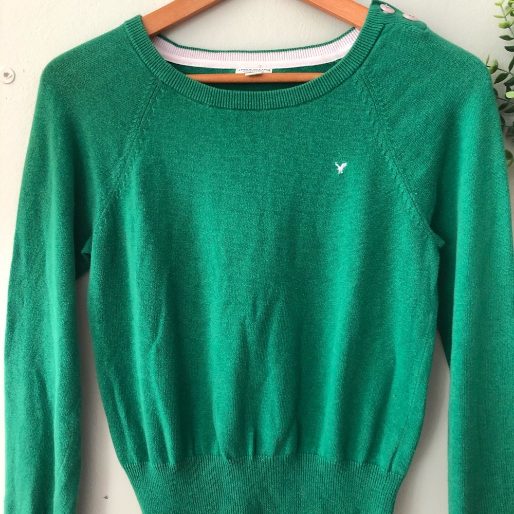 Green Women's Crewneck Sweater with Button Shoulder